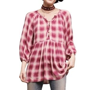 Anthropologie Maeve Cavalon Plaid Quarter Sleeve Loose Fit Babydoll Top Size S